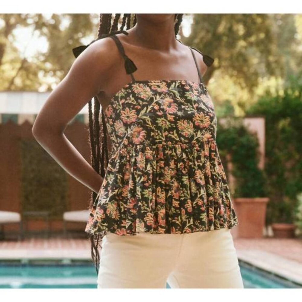 NWT THE GREAT The Dainty Top in Block Print Black Paisley Floral, Sz 2 / Medium